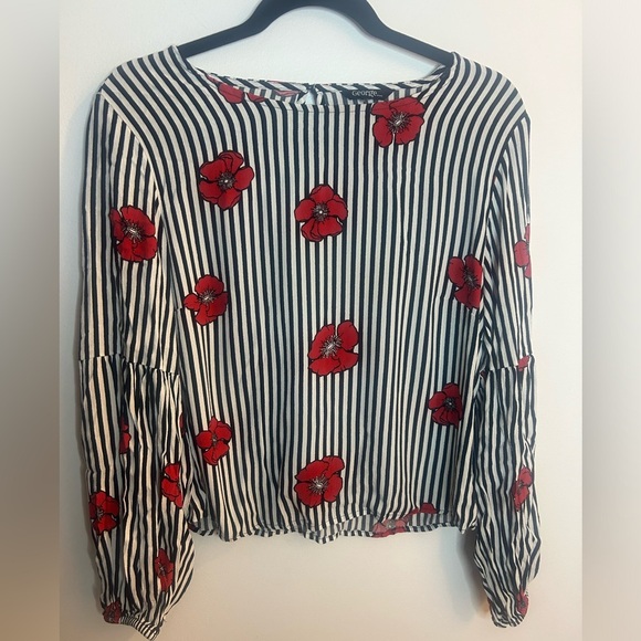GEORGE size M women’s blouse, black and white stripe with red poppy print - Picture 1 of 6